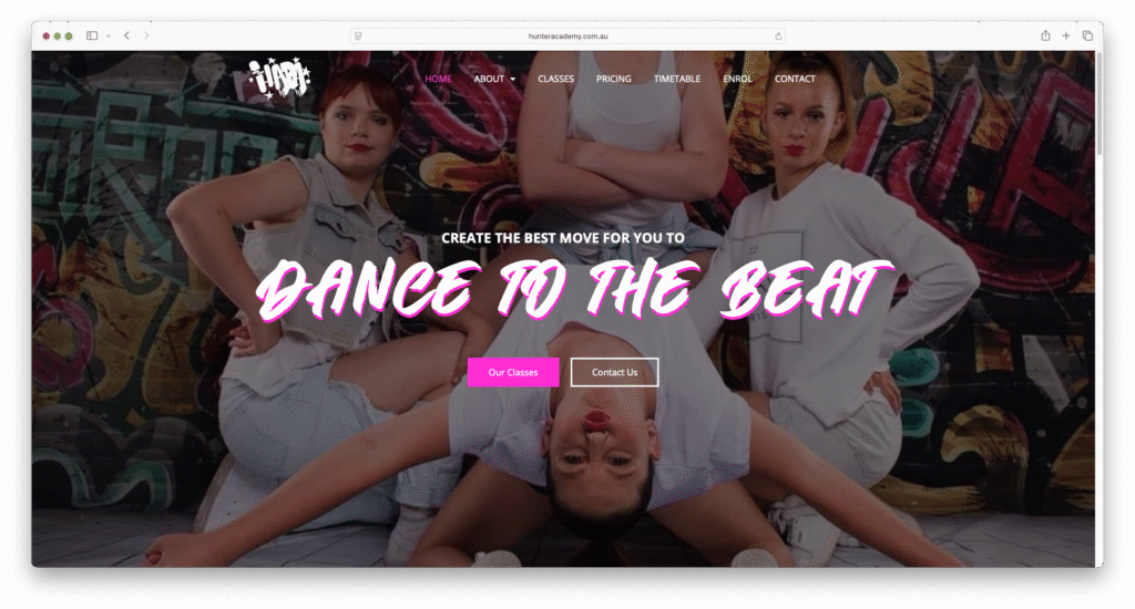 A webpage for the Hunter Academy dance school.