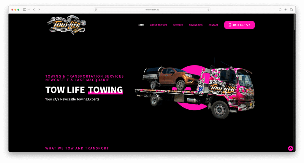 A webpage for "Tow Life Towing"